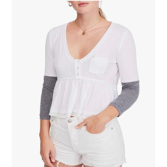 Free People We The Free Heart Of Mine Colorblock Top Ivory Gray Size Small NWT - Picture 1 of 4